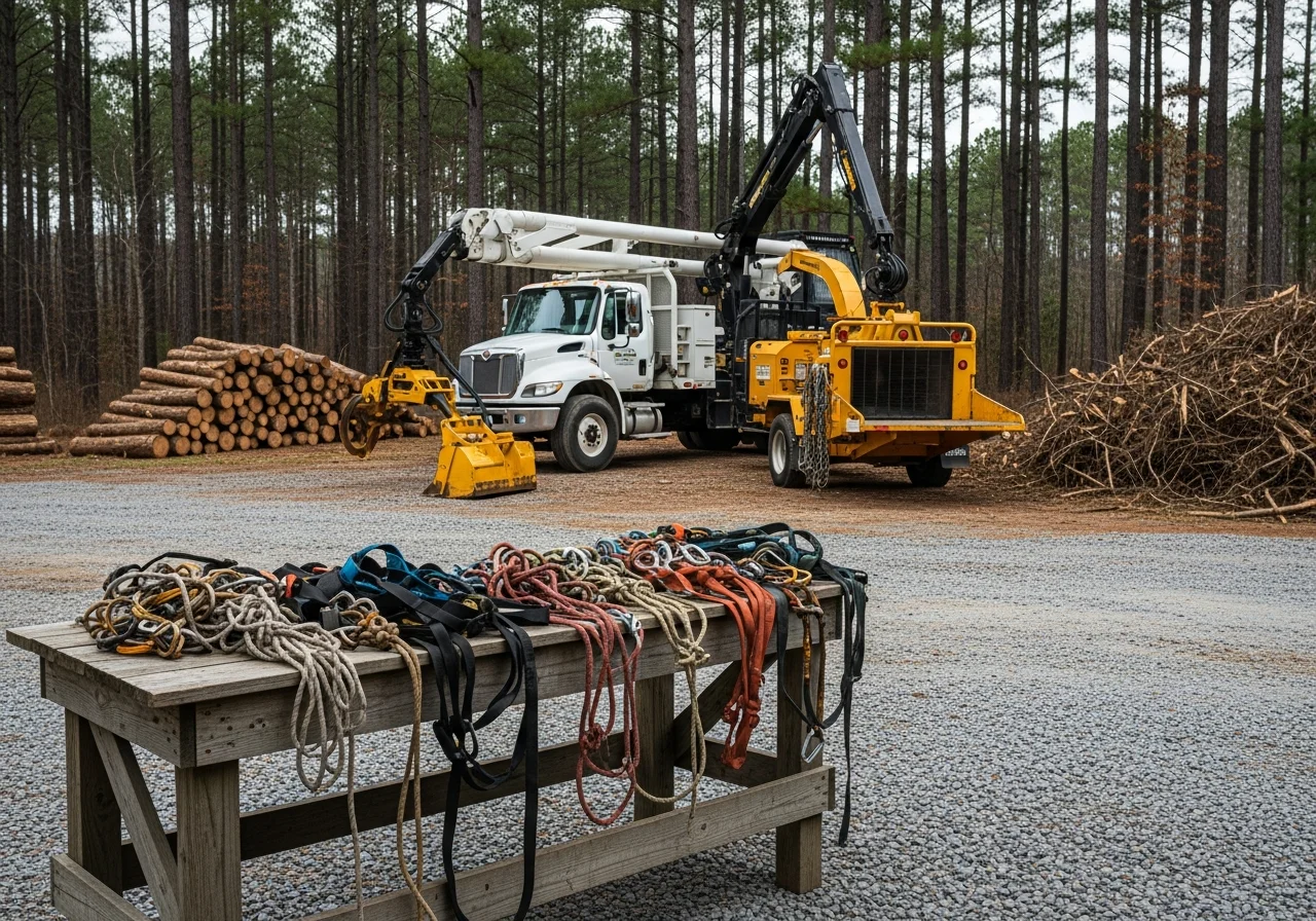 Forestry crew with heavy equipment and rigging gear ready for tree removal and land clearing operations.
