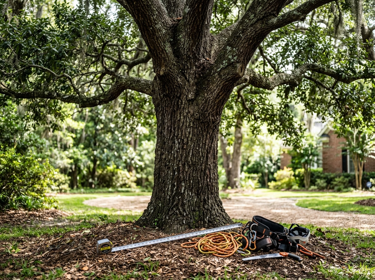 ISA Certified Arborist inspecting a hardwood tree trunk during a property consultation