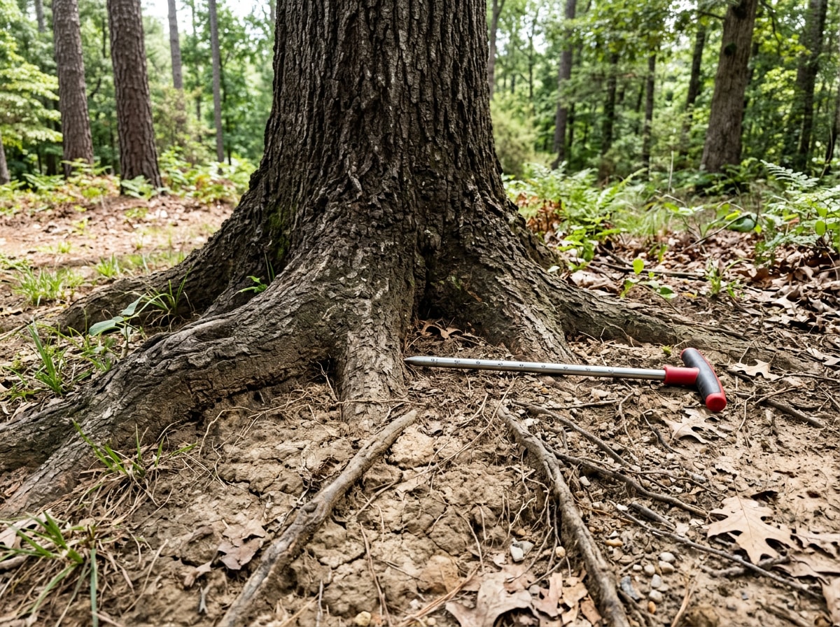 Certified arborist examining root zone and soil conditions near a tree trunk