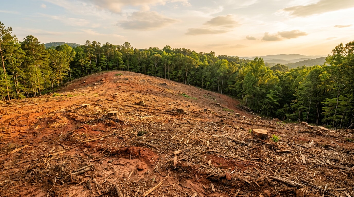 Freshly cleared brush and undergrowth on a wooded hillside lot in Walhalla, SC