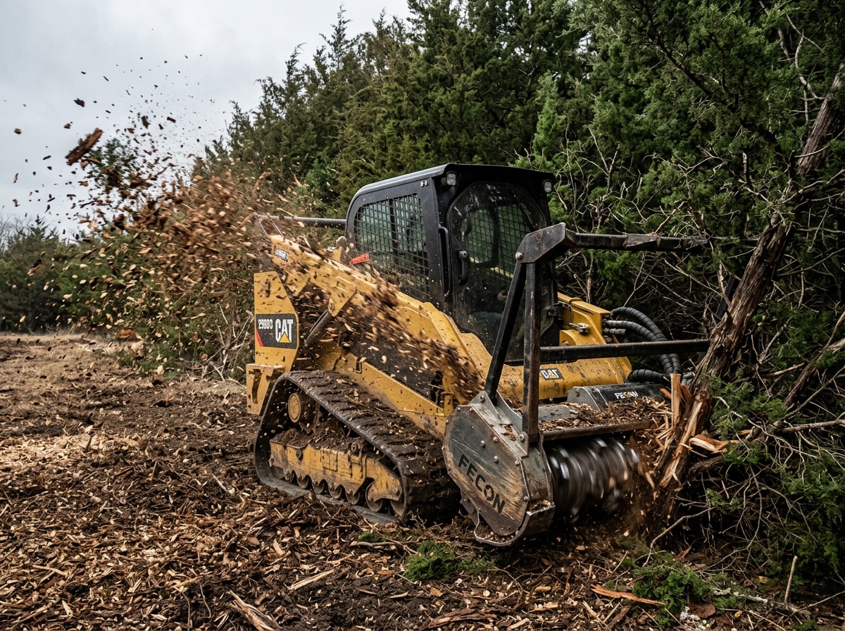 Forestry mulcher grinding a dense eastern red cedar fence line in Walhalla, SC