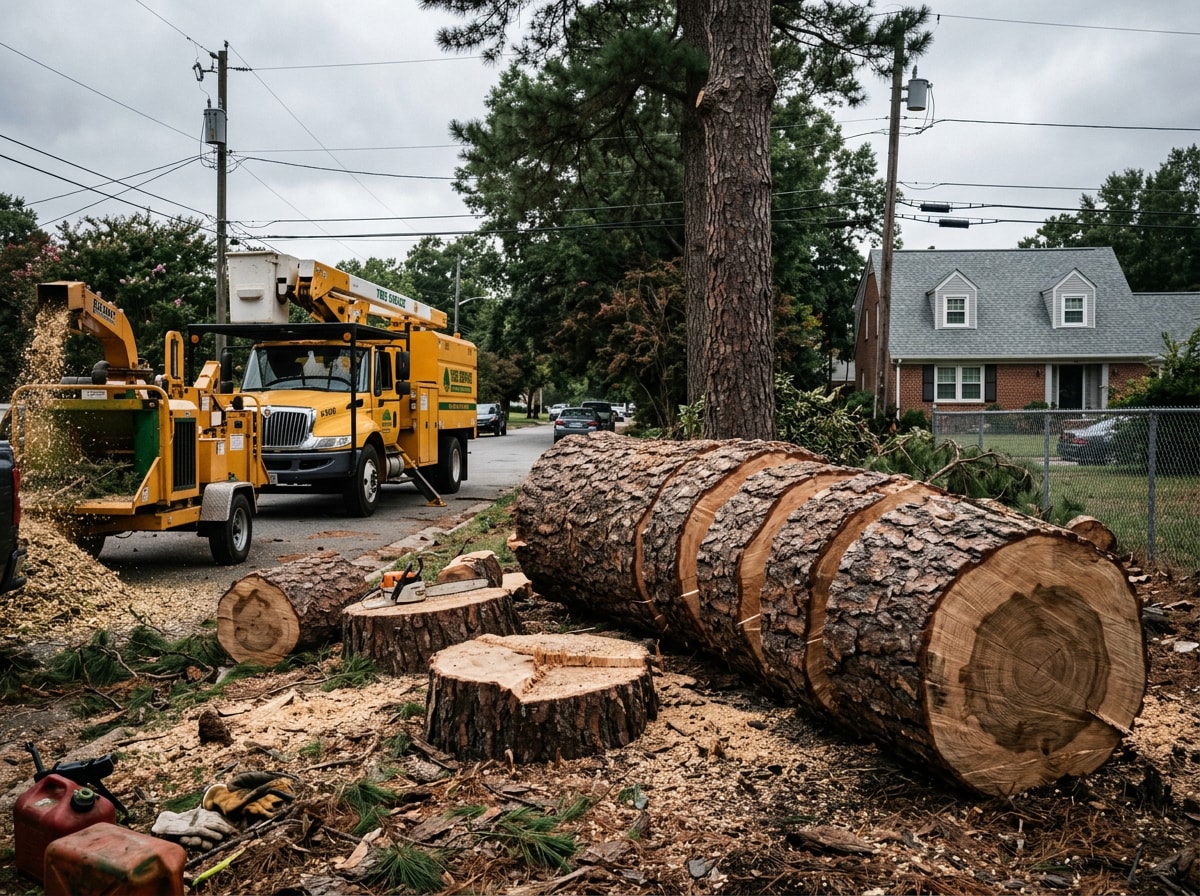Large pine tree sectioned and removed from a residential yard, cut rounds stacked near a wood chipper