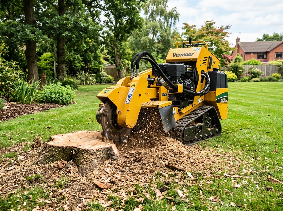 Stump grinding machine finishing a fresh stump down to ground level in a cleared yard