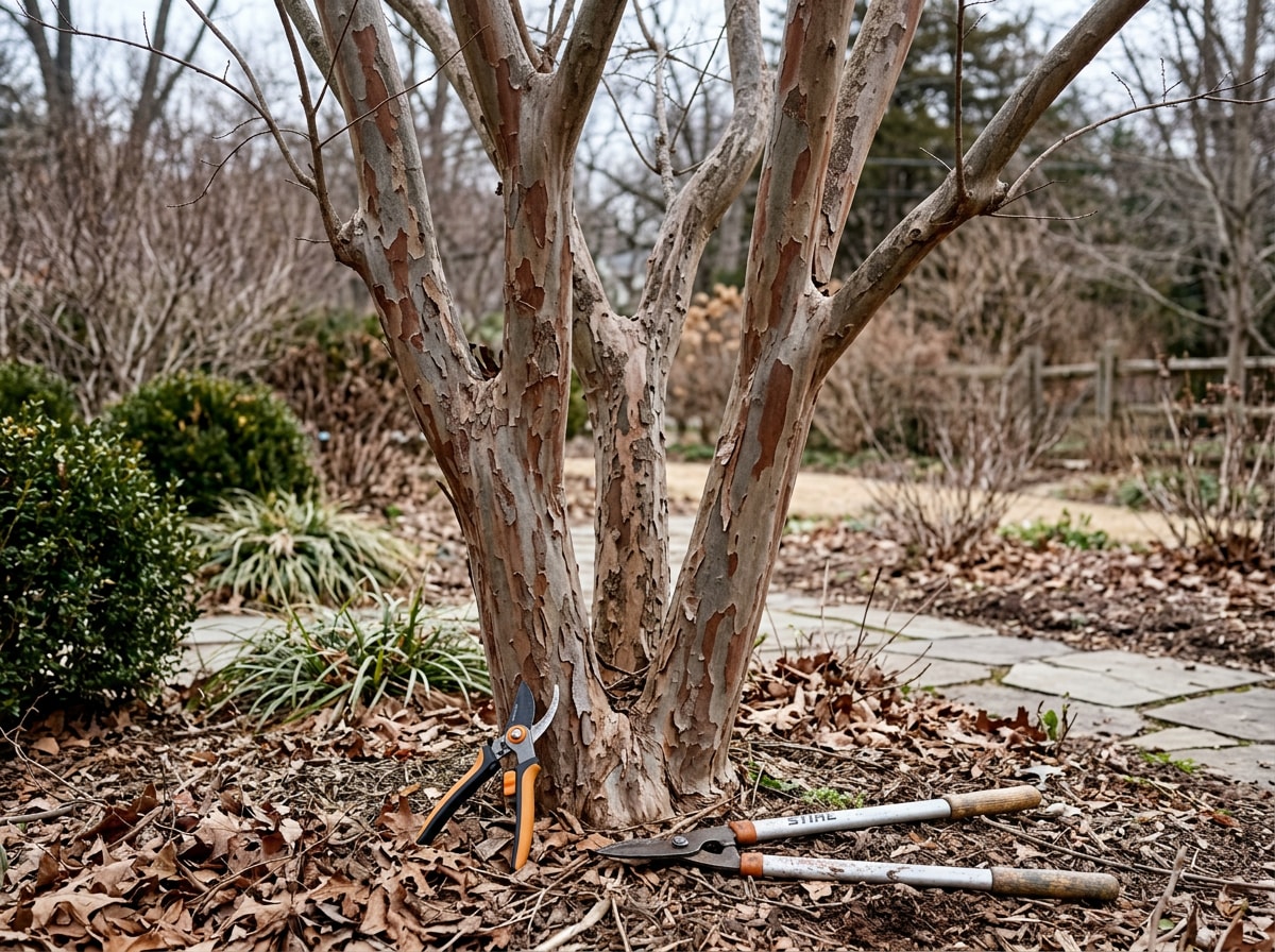 Dormant crepe myrtle tree ready for late-winter pruning in a South Carolina yard
