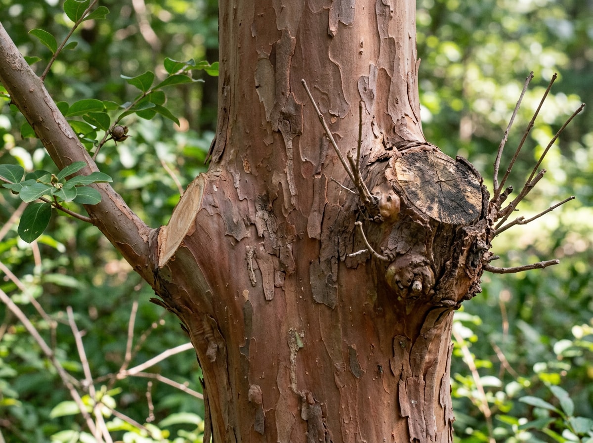 Crepe myrtle trunk showing clean reduction cuts versus a topped, stub-cut trunk