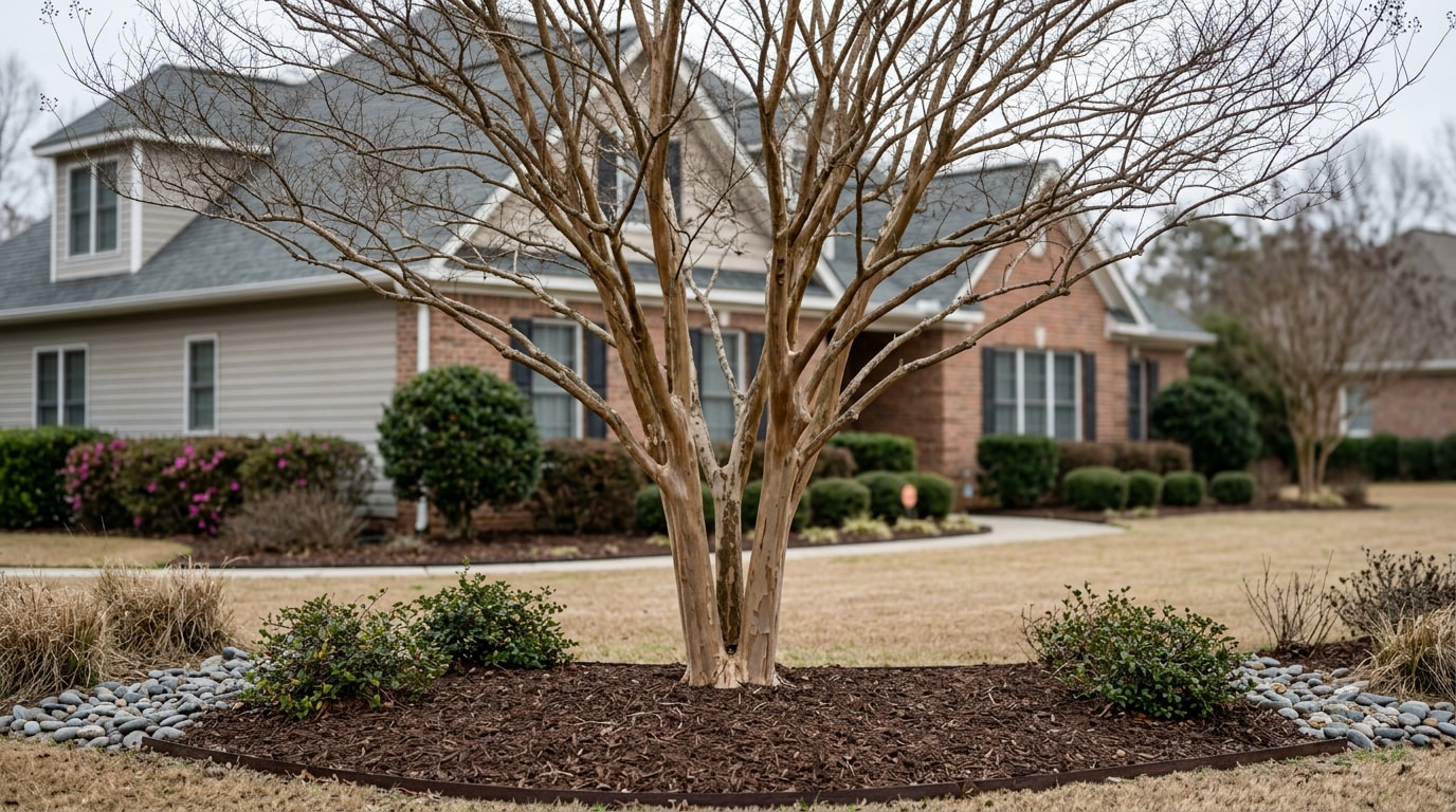 Professionally pruned crepe myrtle tree with open natural canopy in a Pendleton, SC yard