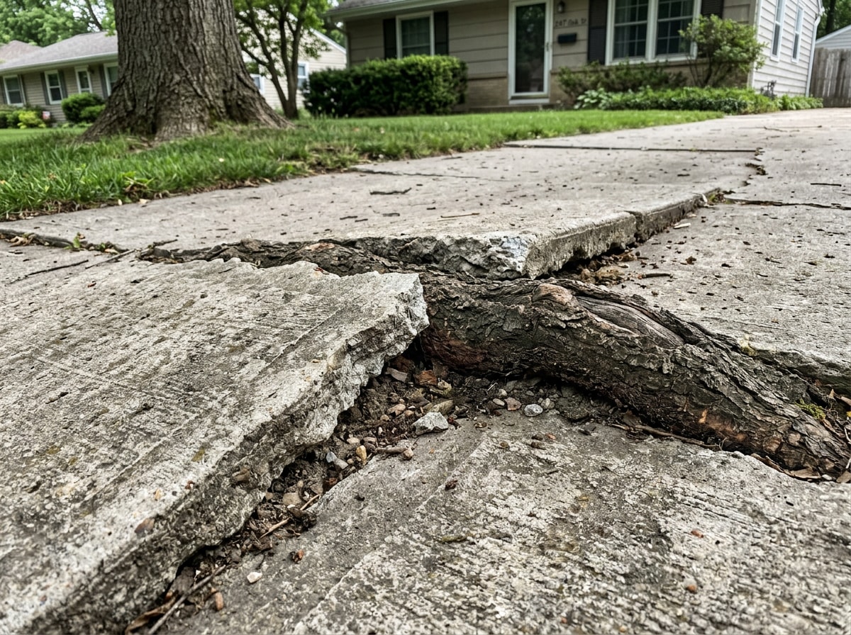 Tree roots lifting a driveway slab and cracking pavement near a home