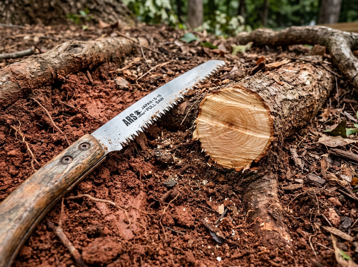 Pruning saw resting beside a cleanly exposed tree root in reddish clay soil