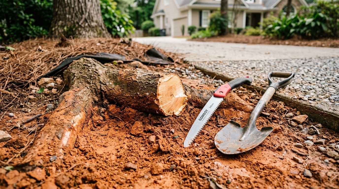 Exposed tree root cleanly cut near a driveway in reddish clay soil Exposed tree root cleanly cut near a driveway in reddish clay soil