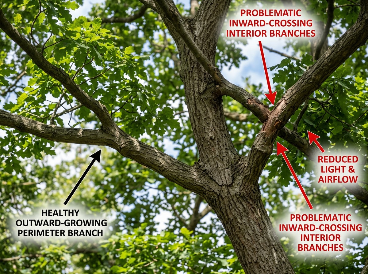 Diagram comparing interior crossing branches to healthy perimeter branches on a mature oak tree