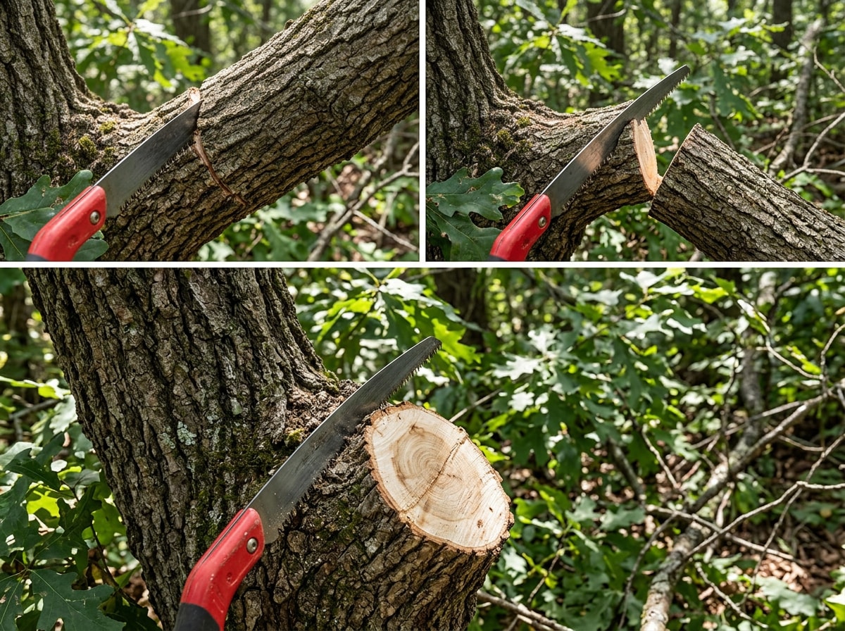 Step-by-step diagram showing the three-cut method for pruning an oak tree branch