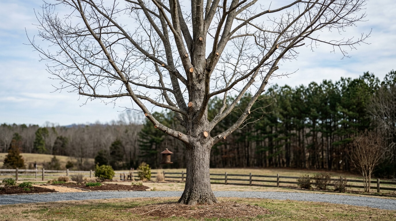 Mature oak tree professionally pruned during dormant winter season in Oconee County, SC Mature oak tree professionally pruned during dormant winter season in Oconee County, SC