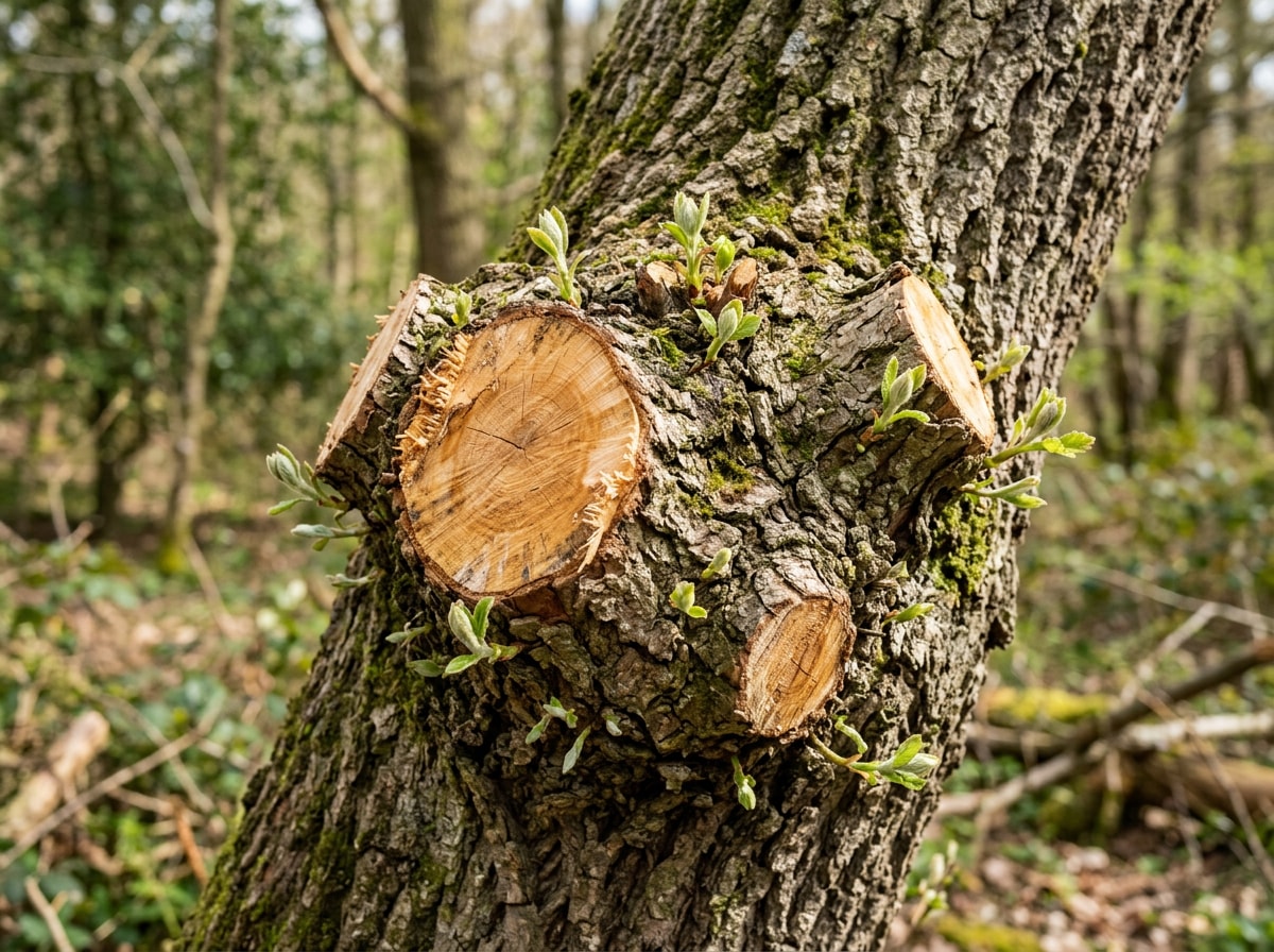 Close-up photo of a freshly cut pollard head on a mature tree trunk showing new shoot growth