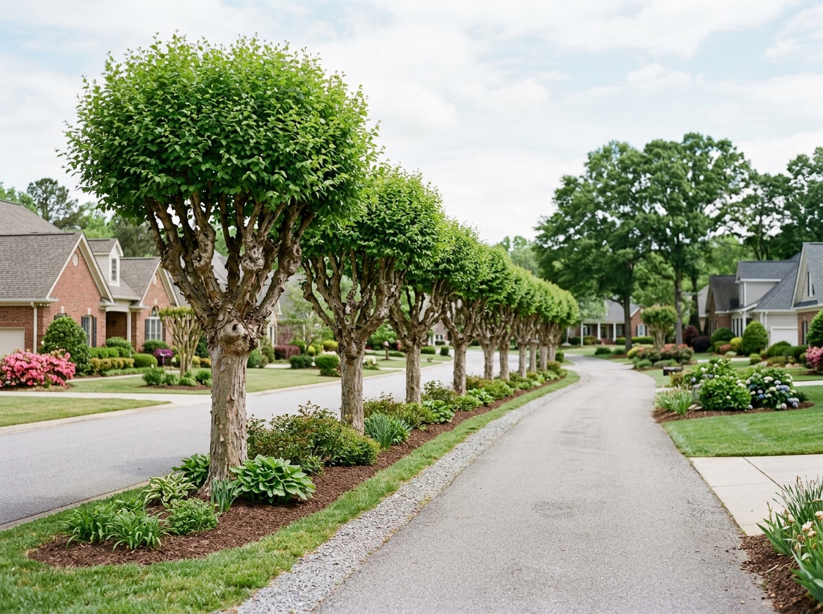 Row of pollarded deciduous trees along a residential driveway with dense new shoot growth