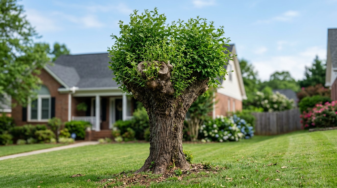 Pollarded tree with dense new growth in a Six Mile, SC yard