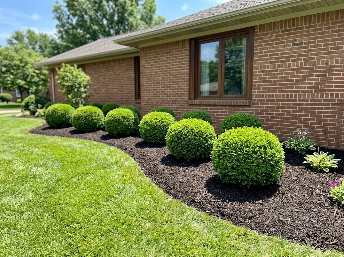 Freshly trimmed shrub bed in front of a brick home in Pendleton, SC