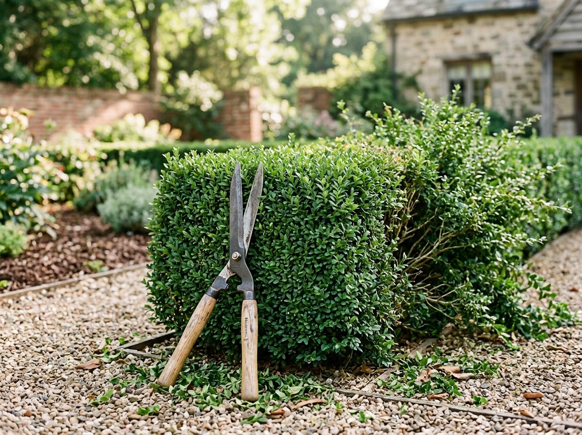Landscaper shaping a boxwood hedge with manual trimming shears