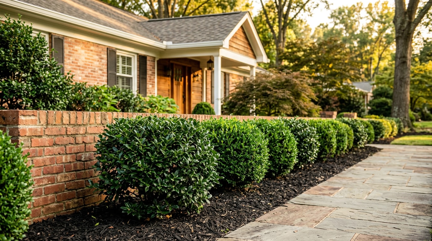 Neatly trimmed shrub hedge along a brick home foundation in Pendleton, SC Neatly trimmed shrub hedge along a brick home foundation in Pendleton, SC