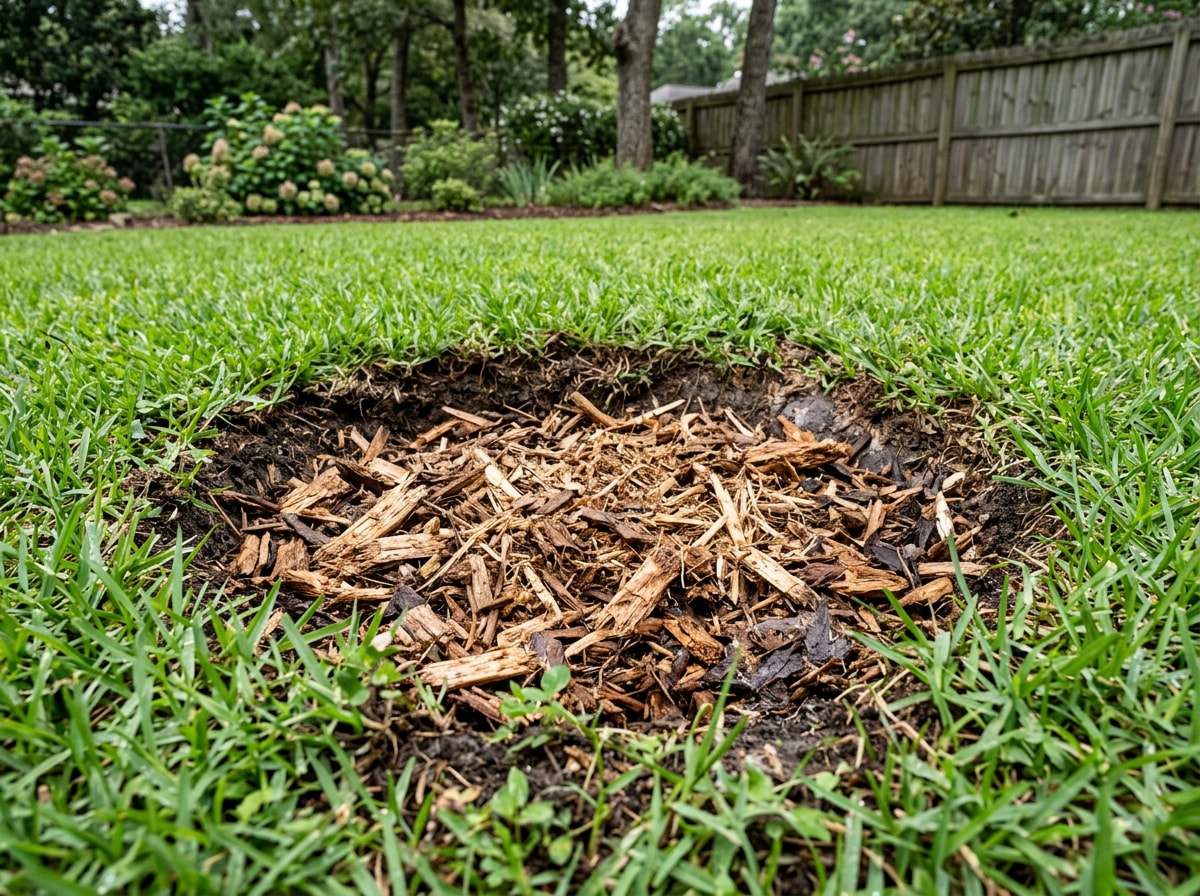 Freshly ground tree stump restored to lawn level in a Seneca, SC backyard