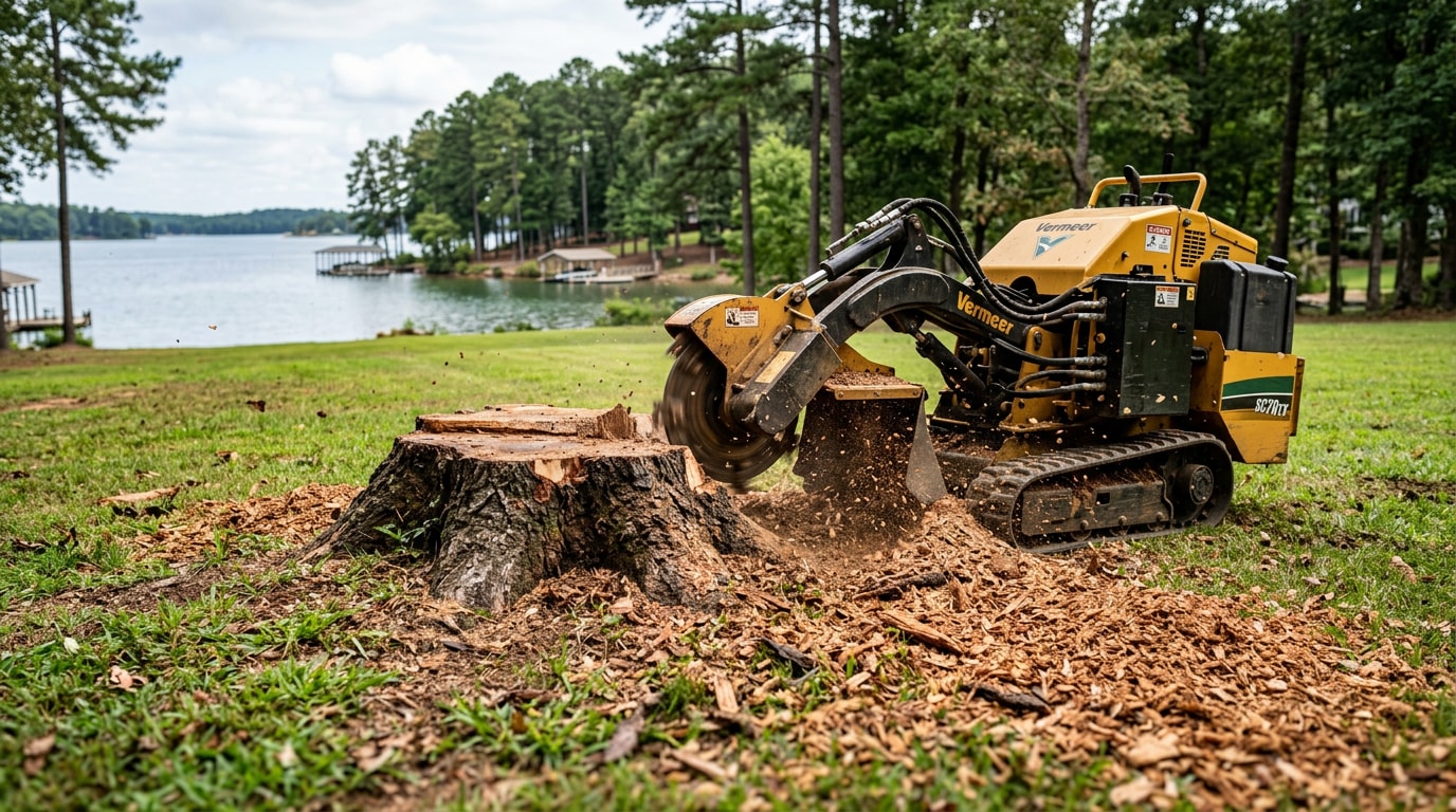 Professional stump grinder machine grinding a large oak stump in a Seneca, SC backyard Professional stump grinder machine grinding a large oak stump in a Seneca, SC backyard