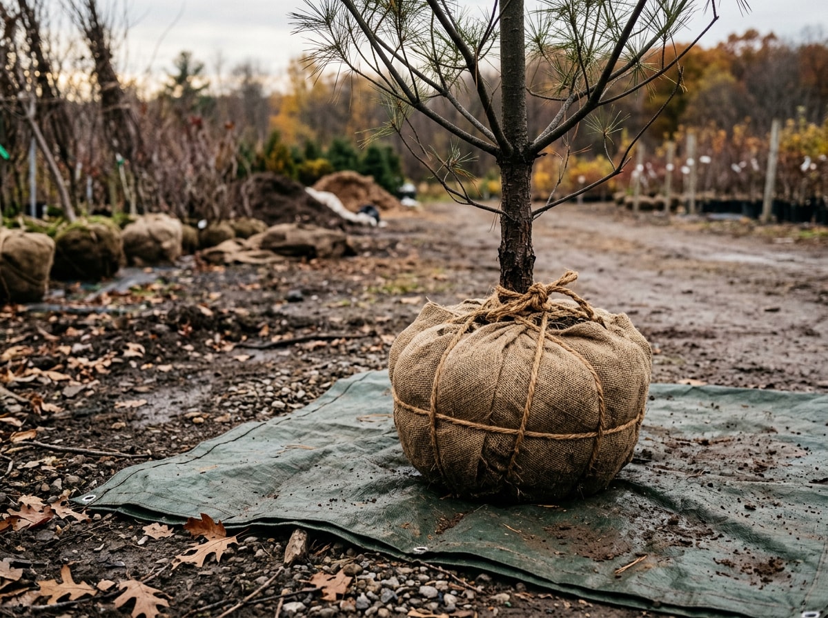 Dormant young pine tree with root ball wrapped in burlap, staged for transplanting in late fall