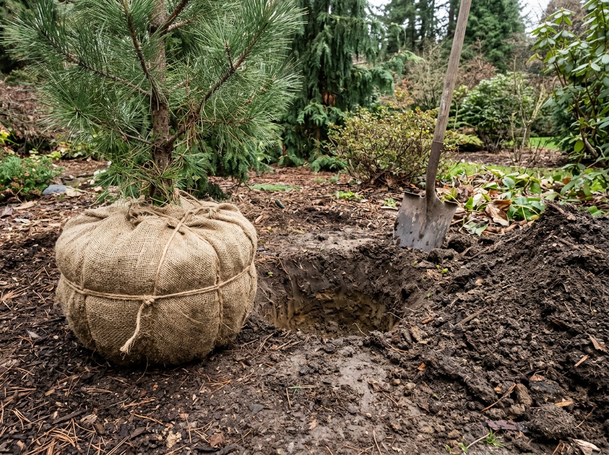 Freshly dug pine root ball wrapped in burlap sitting beside a prepared planting hole