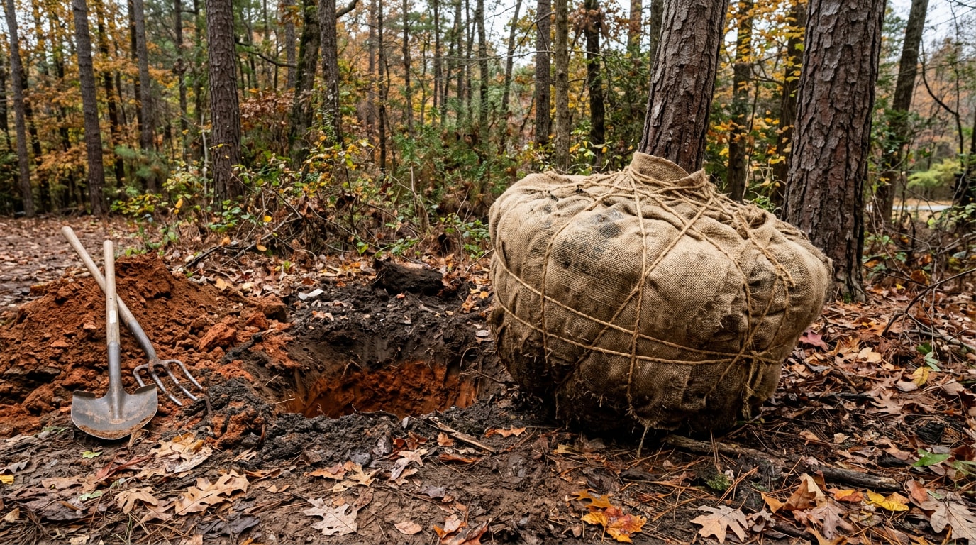 Pine tree root ball wrapped in burlap staged for transplanting in a Six Mile, SC yard