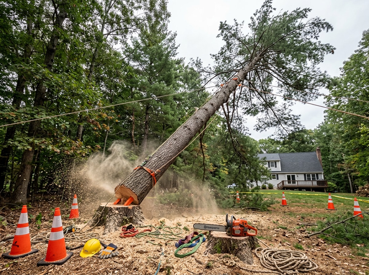 Tree removal crew felling a large pine tree on a wooded Sunset, SC lot