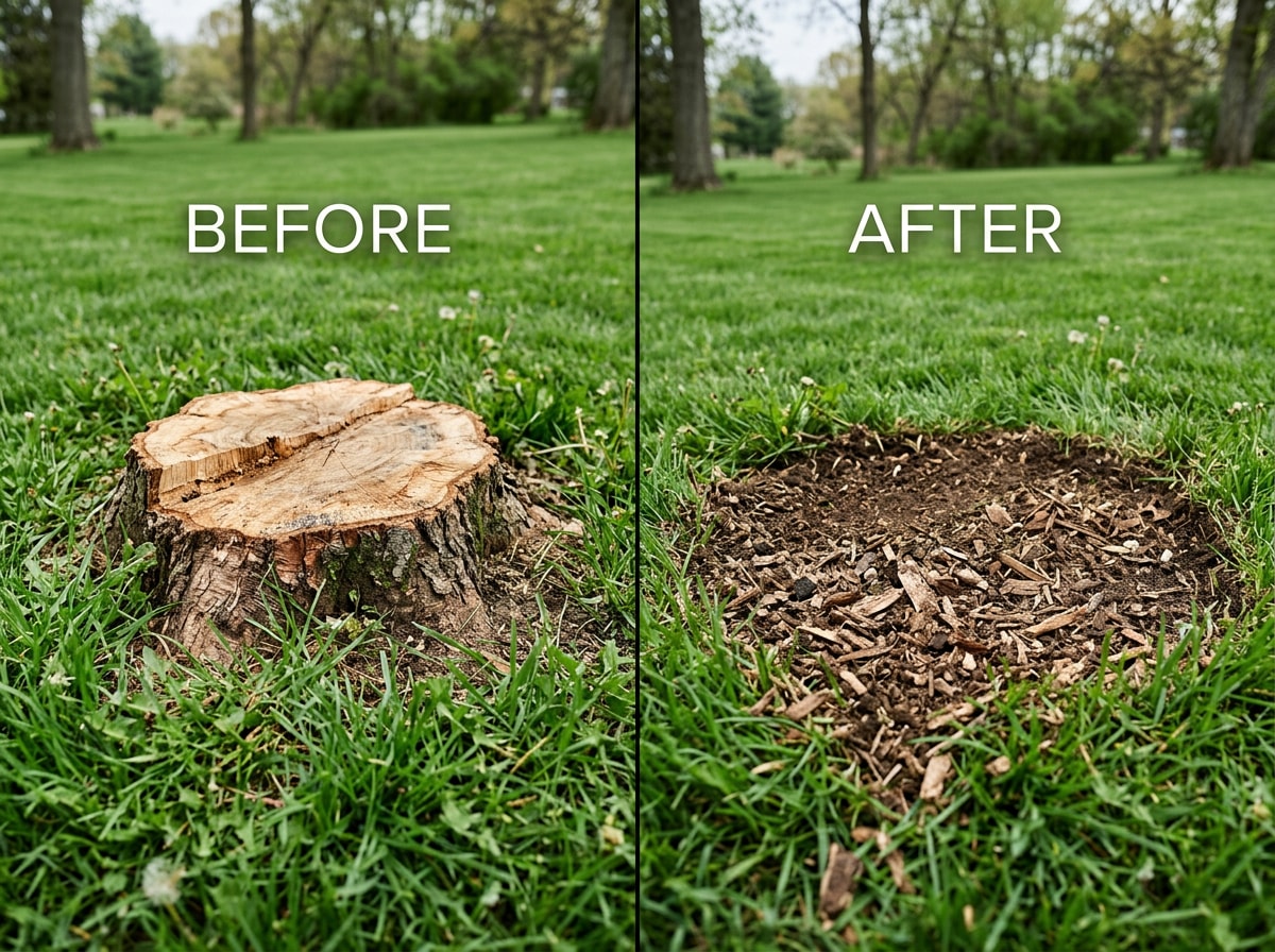 Before and after comparison of a tree stump ground flush with the surrounding lawn