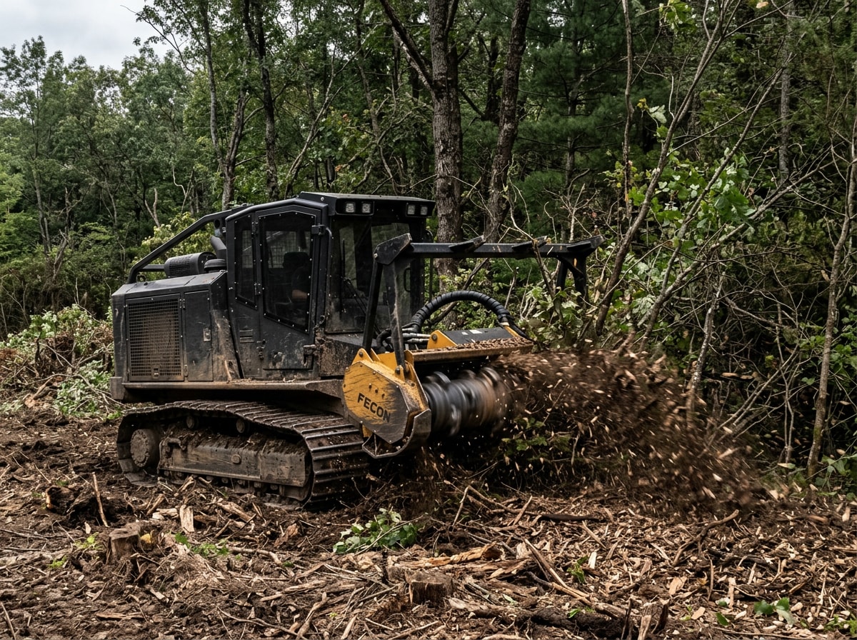 Forestry mulching machine clearing brush and small trees on a wooded Westminster, SC lot