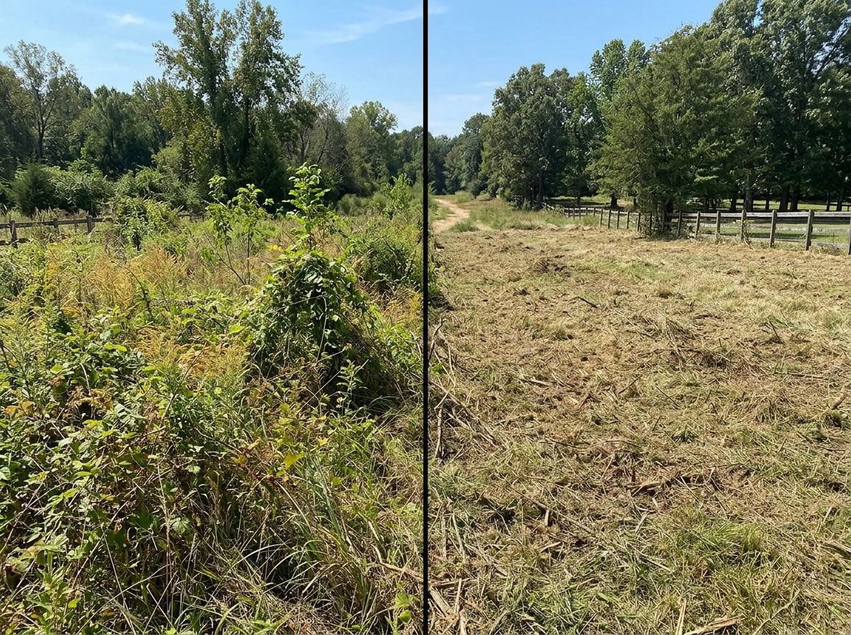 Overgrown Westminster, SC lot before and after brush removal and bush hogging