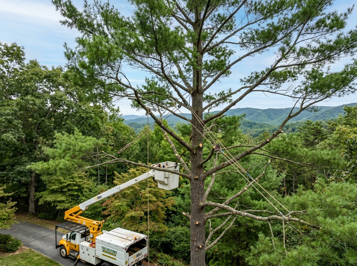 Arborist performing crown thinning on a tall pine tree in a Sunset, SC backyard