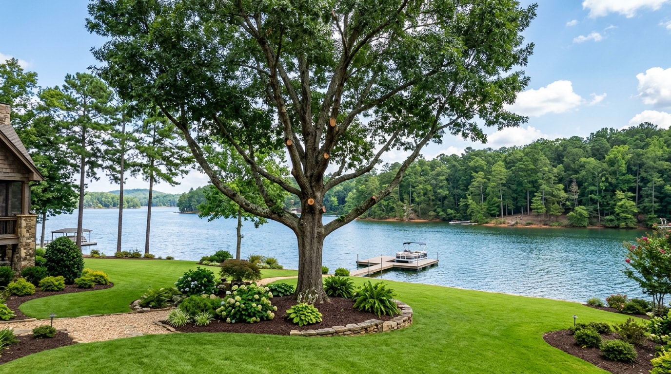 Freshly trimmed mature oak tree on a lakefront property in Sunset, SC near Lake Keowee
