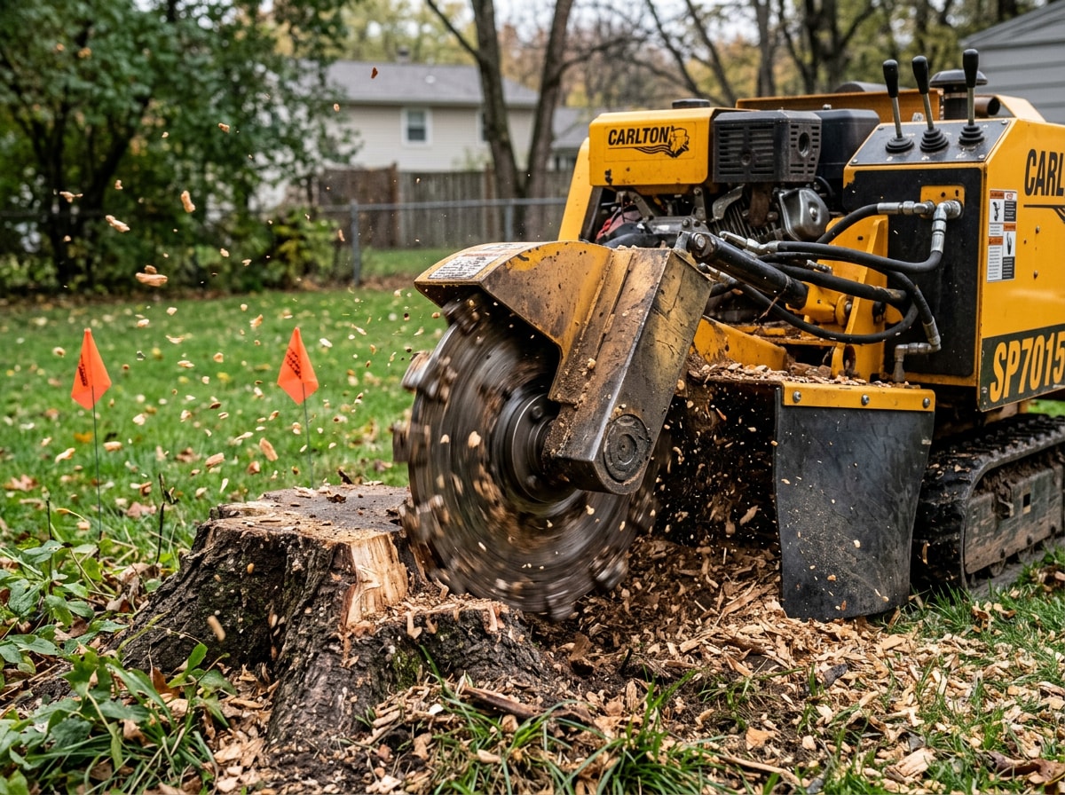 Technician performing a stump assessment and utility marking before grinding in Clemson, SC