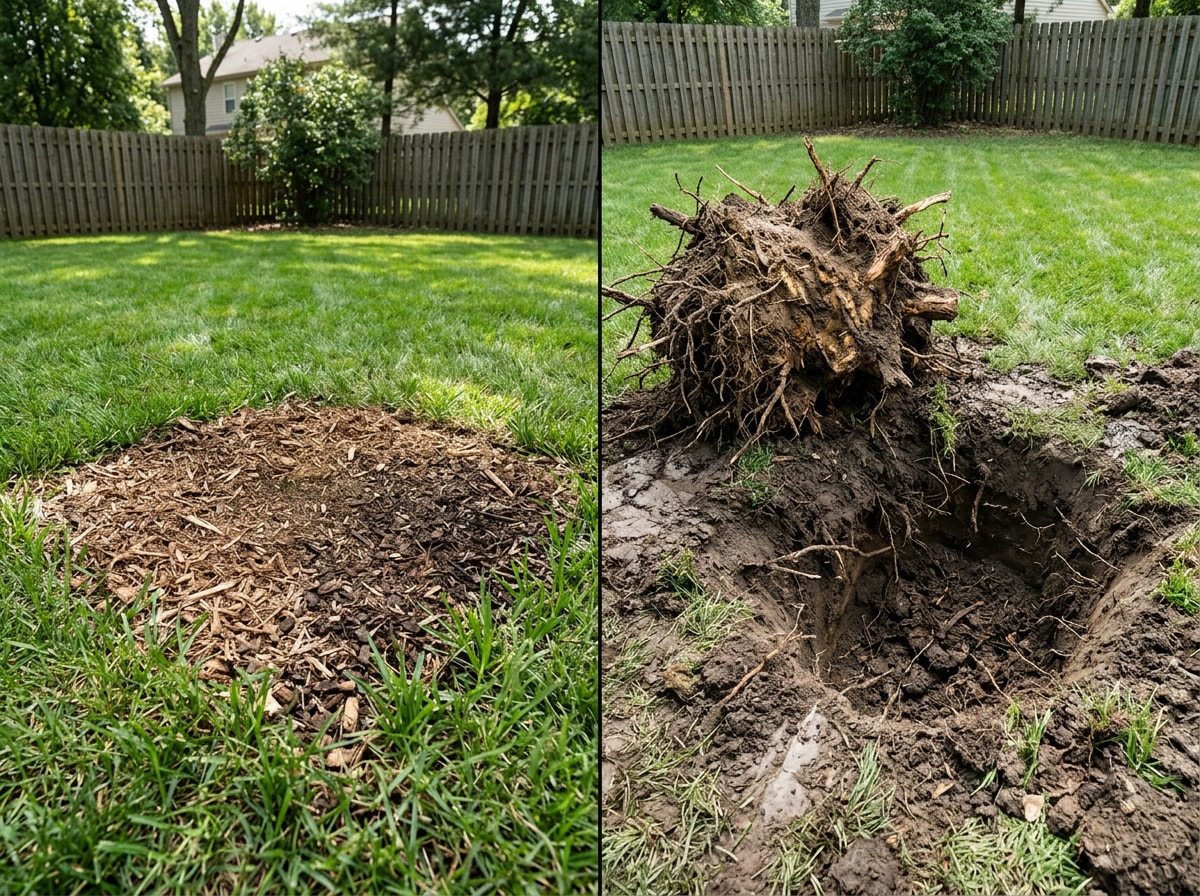 Side-by-side comparison of stump grinding versus full stump removal methods