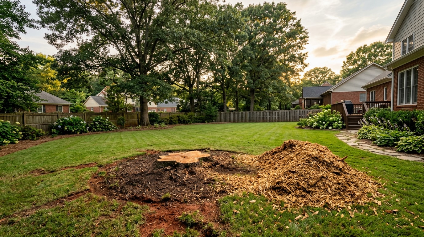 Freshly ground tree stump in a Clemson, SC backyard after professional removal