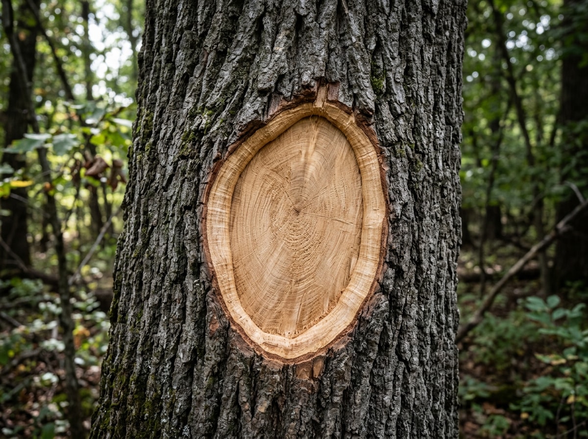 Arborist cleaning and treating a storm-damaged tree trunk wound in Six Mile SC