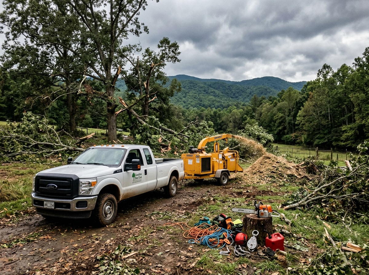 Tree service crew assessing storm damage on a wooded property near Six Mile, SC