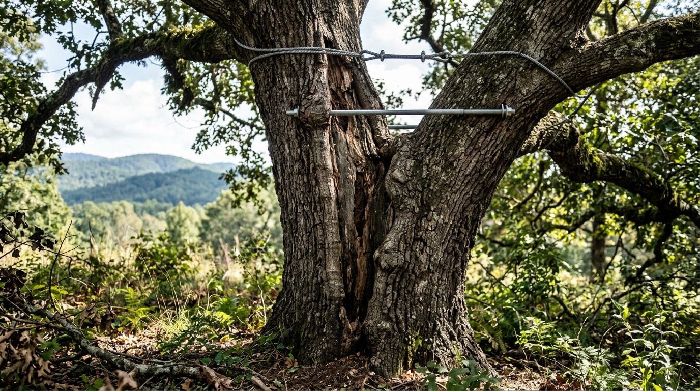 Storm-damaged tree trunk with cabling and bracing repair in Six Mile, SC