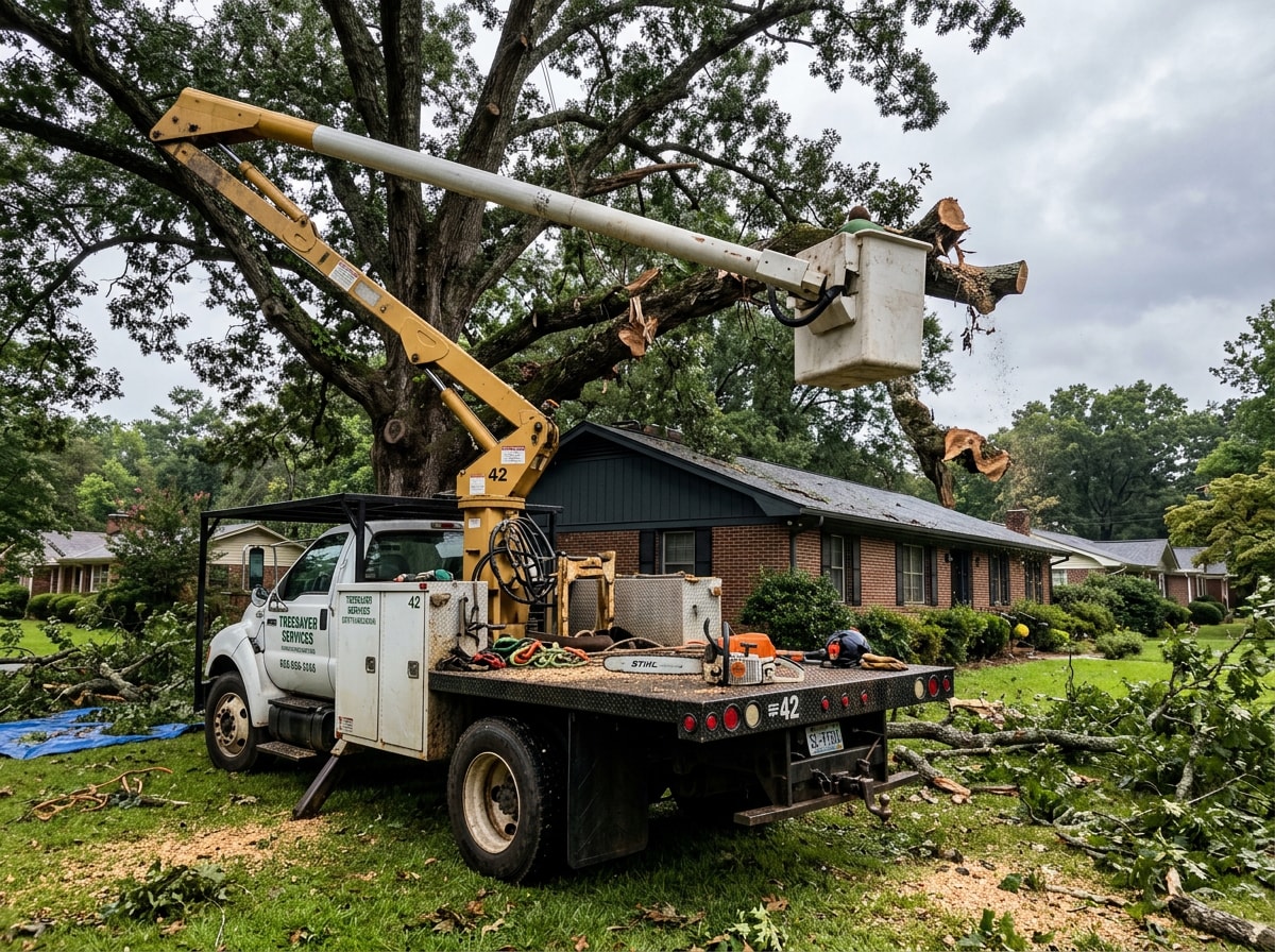 Tree service crew operating a bucket truck to remove storm-damaged limbs in Seneca, SC