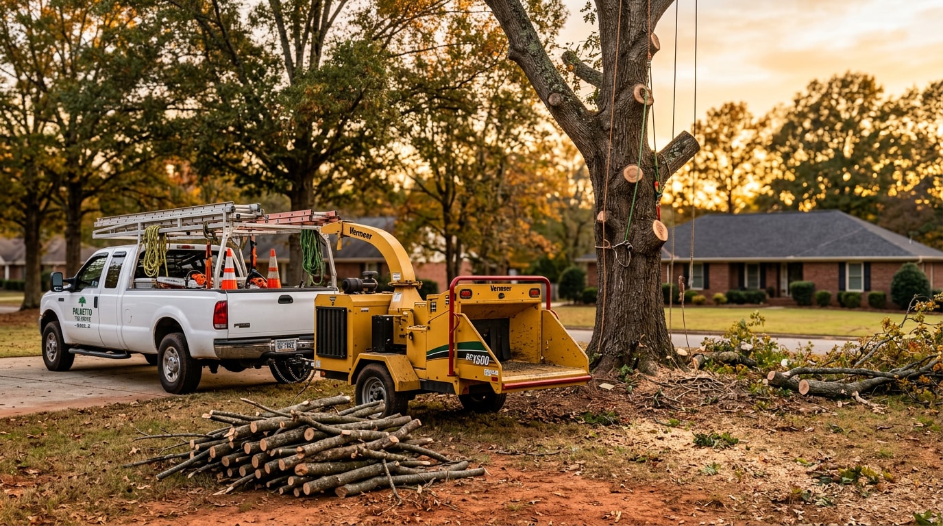 Professional tree removal job site in Seneca, SC with equipment and cut branches