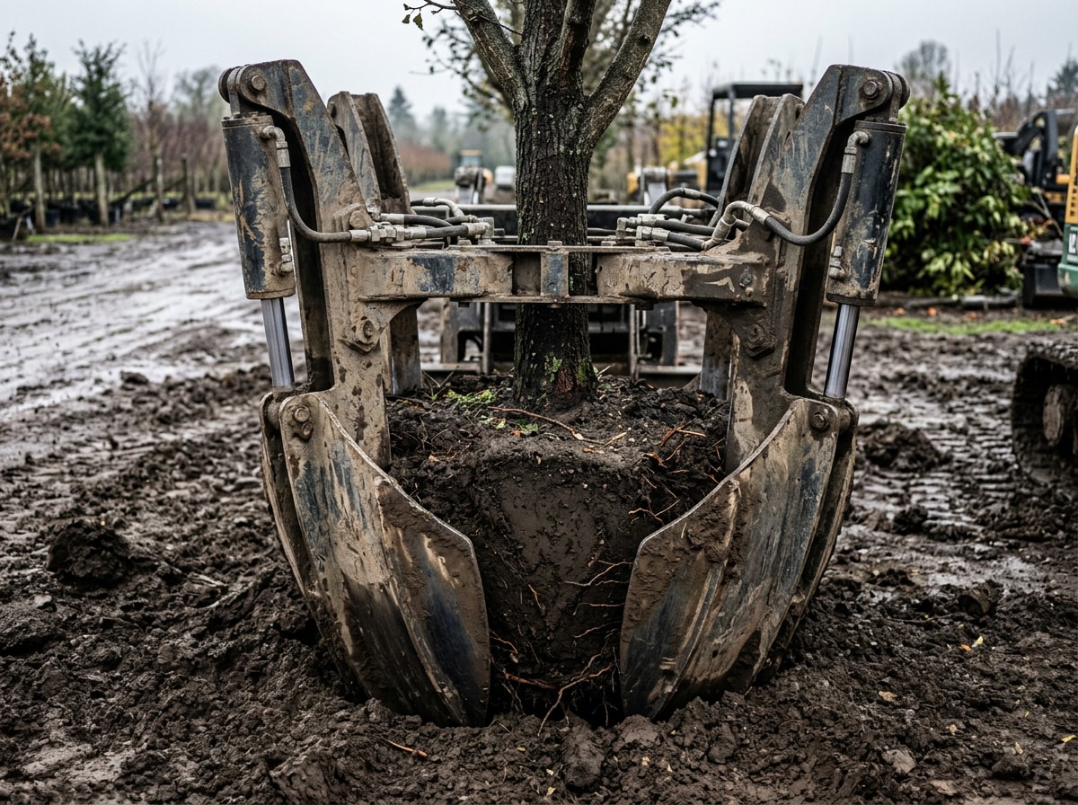 Tree spade attachment with hydraulic blades digging around a tree's root ball