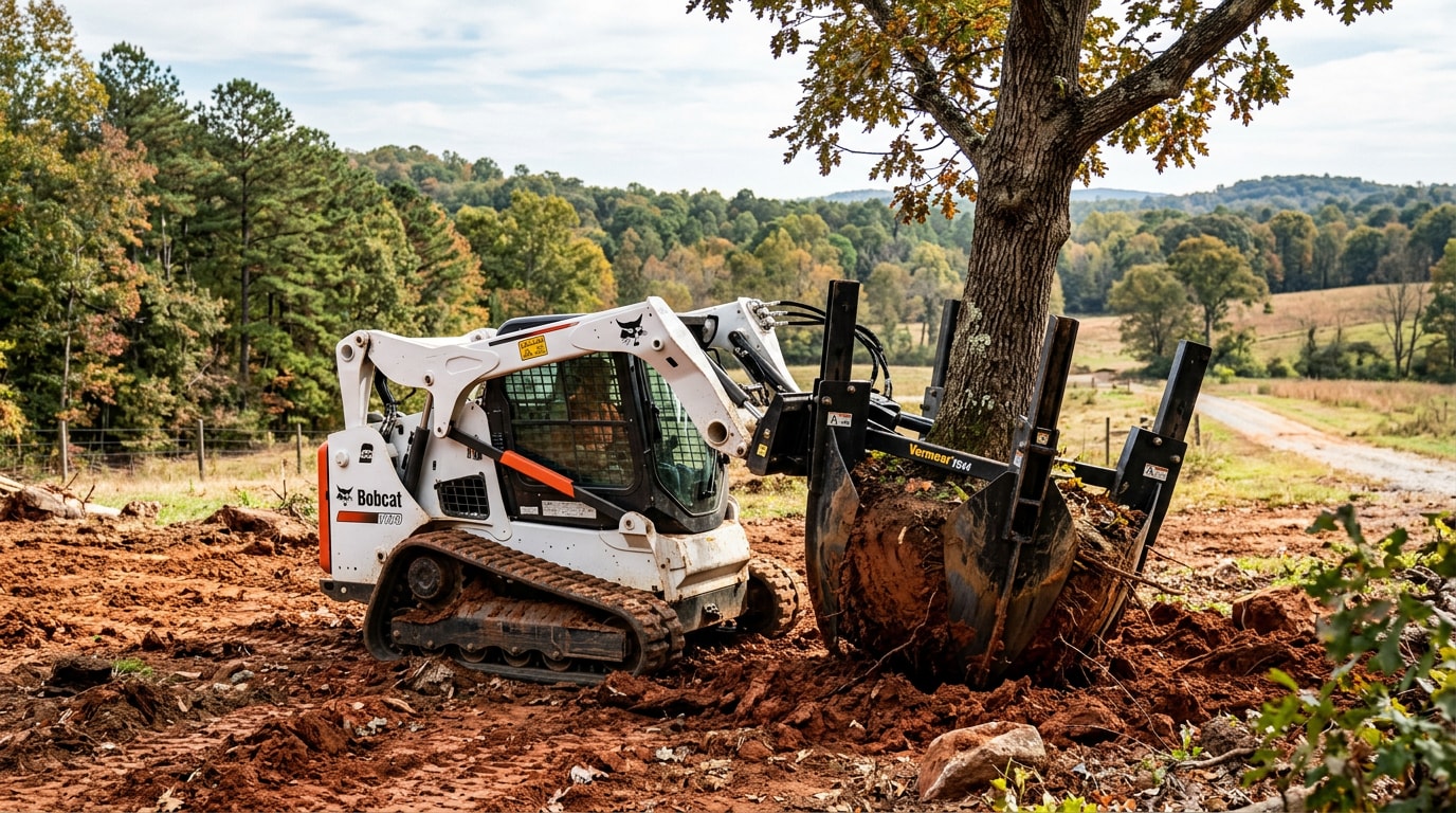 Skid steer with hydraulic tree spade attachment extracting a tree root ball in Clemson, SC Skid steer with hydraulic tree spade attachment extracting a tree root ball in Clemson, SC