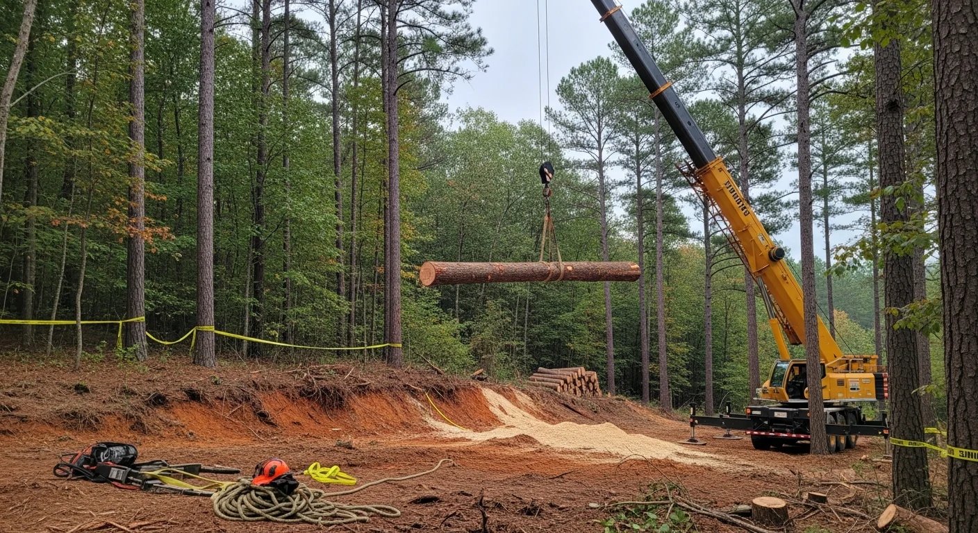 A crane lifting a large section of timber from a densely wooded, sloped lot in Six Mile, South Carolina. The surrounding trees and hilly terrain show the access challenges typical of Pickens County forestry and excavation work.