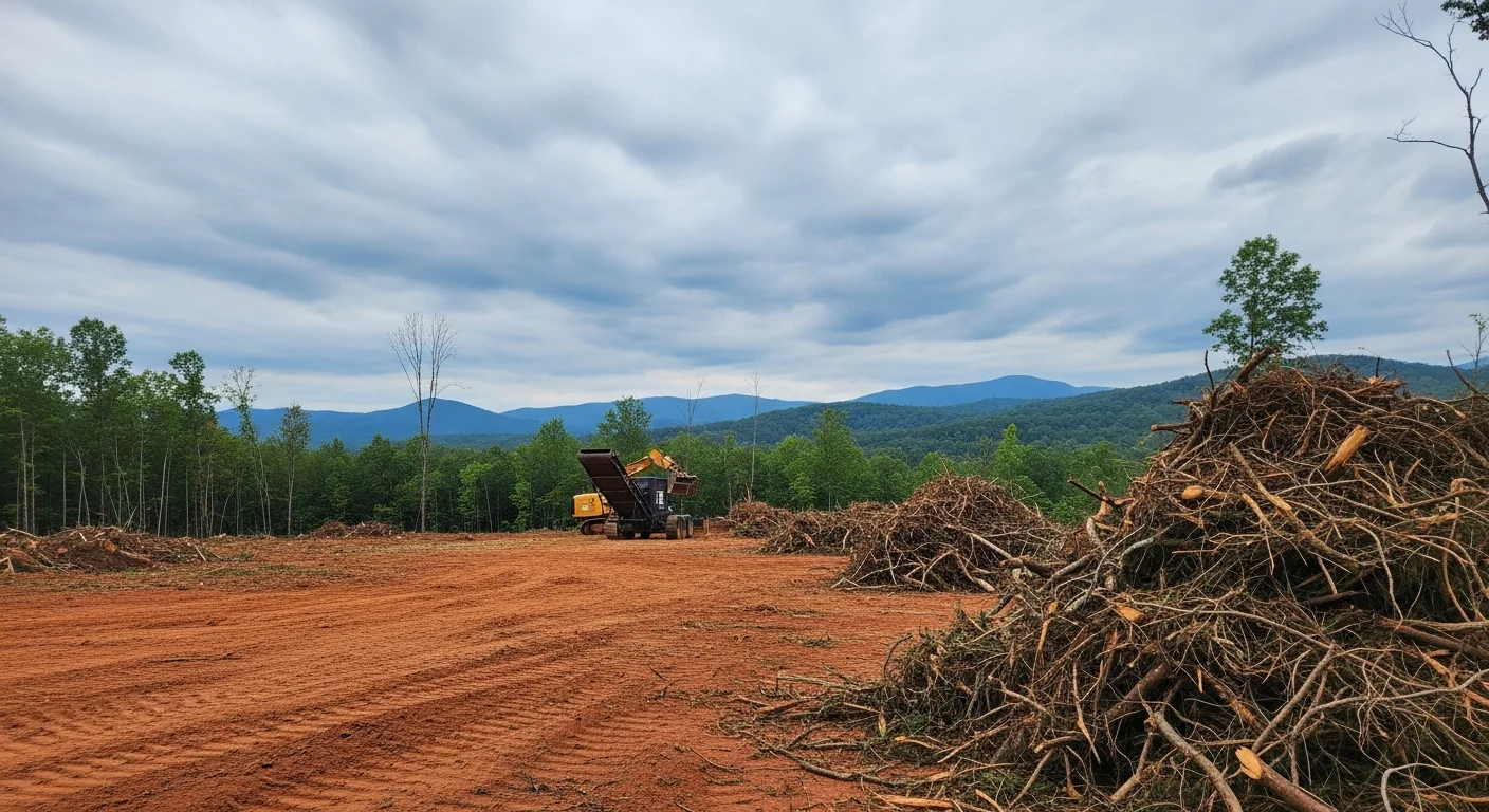 A cleared residential lot in Six Mile, South Carolina, with piles of fallen branches and brush loaded for removal by a forestry landscaping crew. The surrounding tree line and foothills terrain are visible in the background.