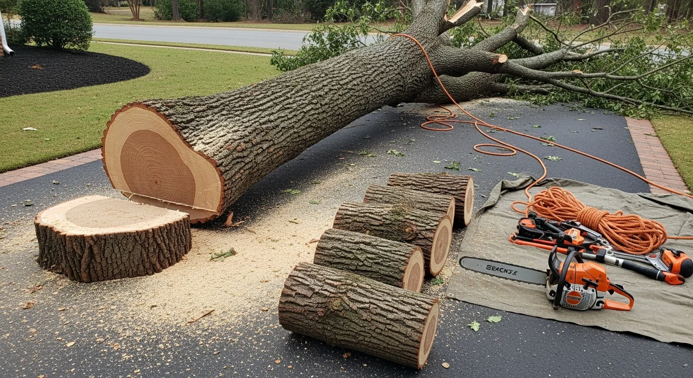 A large storm-damaged pine tree removed from the roof of a residential home in Six Mile, South Carolina, with the surrounding yard cleared of debris. A professional tree service crew with rigging equipment stands near the clean work site.