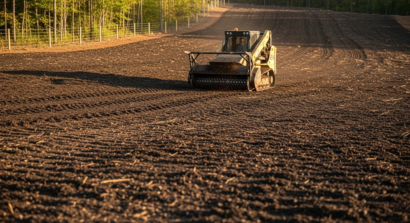 A forestry mulcher clearing dense brush and small trees on a sloped rural lot in Six Mile, South Carolina. The cleared ground shows an even layer of shredded mulch with no debris piles remaining.