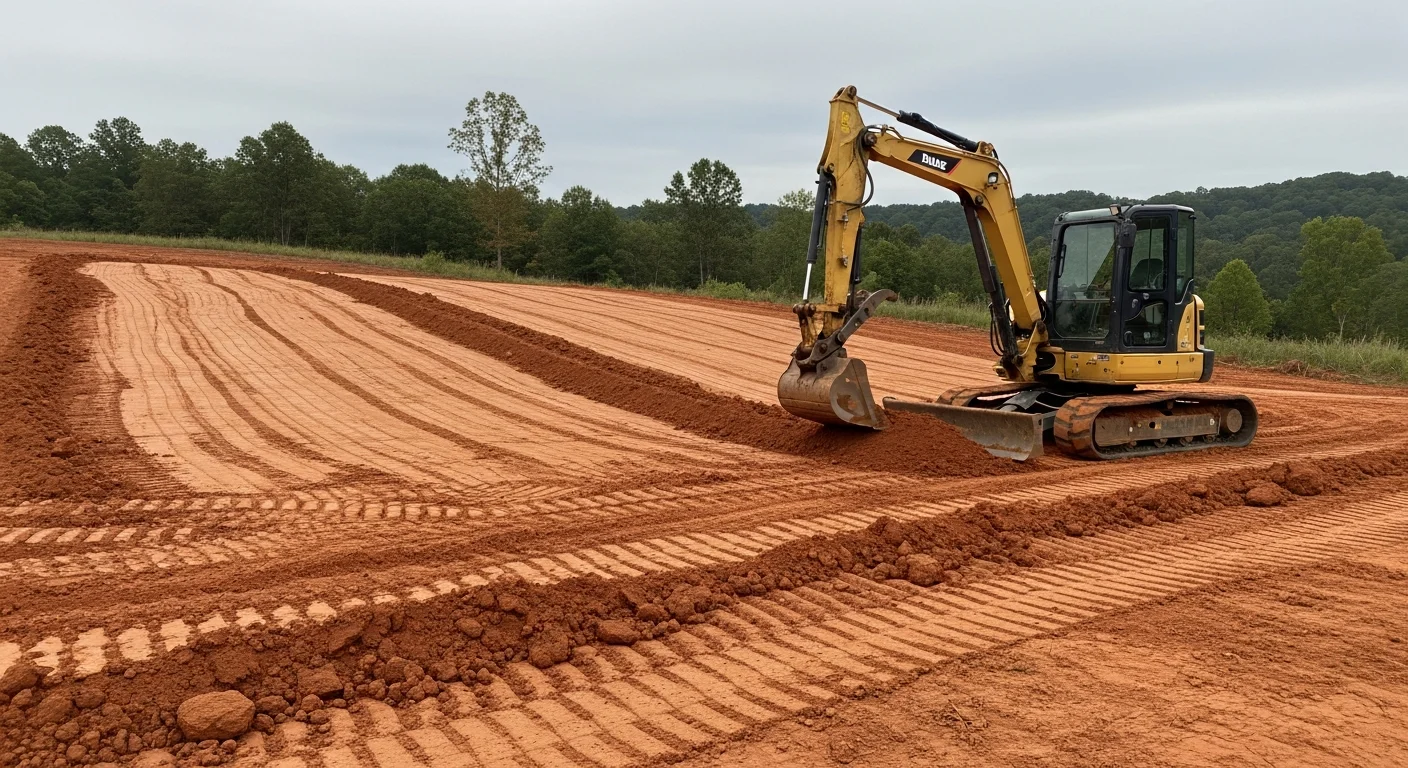 A graded residential lot in Six Mile, South Carolina showing smooth, level soil with proper slope away from a building pad. Heavy excavation equipment sits at the edge of the cleared site surrounded by Upstate South Carolina foothills.