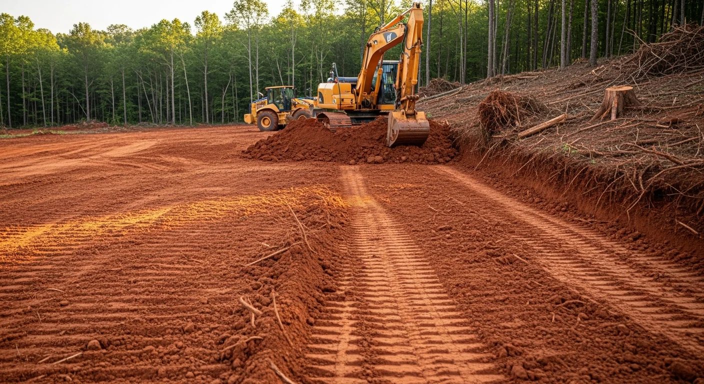 A tracked excavator operated by Argus III Forestry LLC clearing dense hardwood vegetation on a sloped residential lot in Six Mile, South Carolina. The machine works through red clay soil and root systems typical of Pickens County terrain.