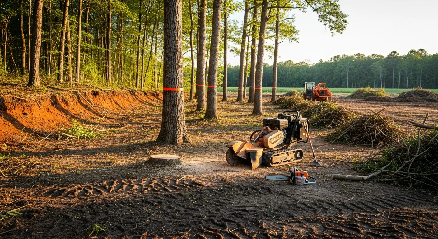 A freshly cleared wooded lot in Six Mile, South Carolina showing open ground with stumps removed and surrounding trees left intact. A forestry machine is visible at the edge of the cleared area on sloped Pickens County terrain.